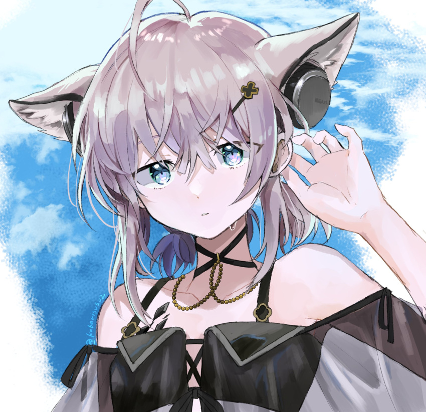 1girl ahoge alternate_hairstyle animal_ears arknights arm_up bangs bare_shoulders blue_eyes brown_hair fox_ears fox_girl hair_ornament hairclip headphones highres kobarisusuz official_alternate_costume oripathy_lesion_(arknights) parted_lips portrait short_hair solo sussurro_(arknights) sussurro_(summer_flowers)_(arknights) swimsuit