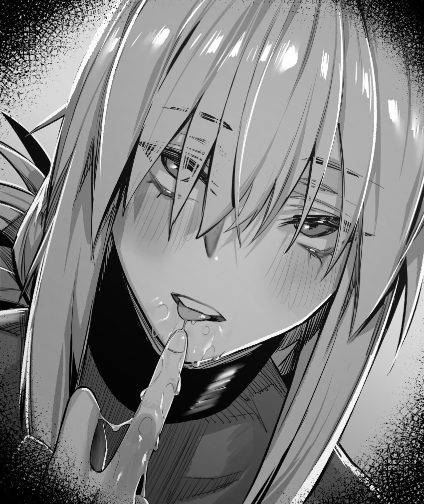 1boy 1girl absurdres bangs blush eyebrows_visible_through_hair fate/grand_order fate_(series) florence_nightingale_(fate) fujimaru_ritsuka_(male) greyscale highres hxd long_hair looking_at_viewer monochrome parted_lips pov saliva teeth tongue tongue_out