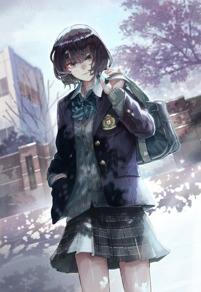 1girl absurdres bag bangs black_hair blazer bow bowtie cardigan grey_eyes hand_in_hair highres jacket looking_at_viewer original outdoors pleated_skirt sakura_inu_(itoyatomo) school school_bag school_uniform short_hair skirt solo