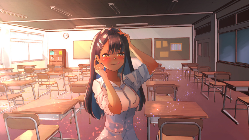 1girl :q arm_up black_hair blush breasts brown_eyes dark-skinned_female dark_skin highres ijiranaide_nagatoro-san long_hair long_sleeves looking_at_viewer medium_breasts nagatoro_hayase racklet scenery school_uniform shirt smile solo tongue tongue_out white_shirt