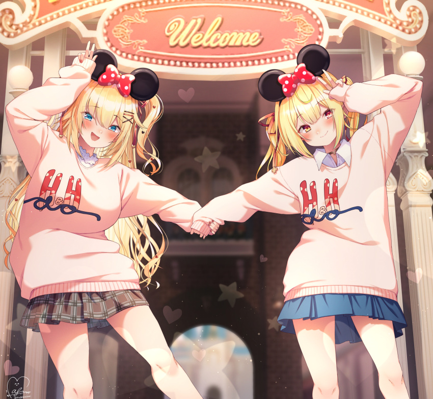 2girls :d akai_haato bangs blonde_hair blue_eyes blue_skirt blush bow brown_choker brown_skirt choker closed_mouth clothes_writing collared_shirt commentary_request eyebrows_visible_through_hair hair_between_eyes hair_ornament hair_ribbon hairclip heart heart_hair_ornament heterochromia highres holding_hands hololive hoshikawa_sara long_hair long_sleeves looking_at_viewer magowasabi multiple_girls nail_polish nijisanji pink_sweater plaid plaid_skirt polka_dot polka_dot_bow red_bow red_eyes red_nails red_ribbon ribbon shirt signature skirt smile standing sweater twintails twitter_username two_side_up virtual_youtuber x_hair_ornament yellow_eyes