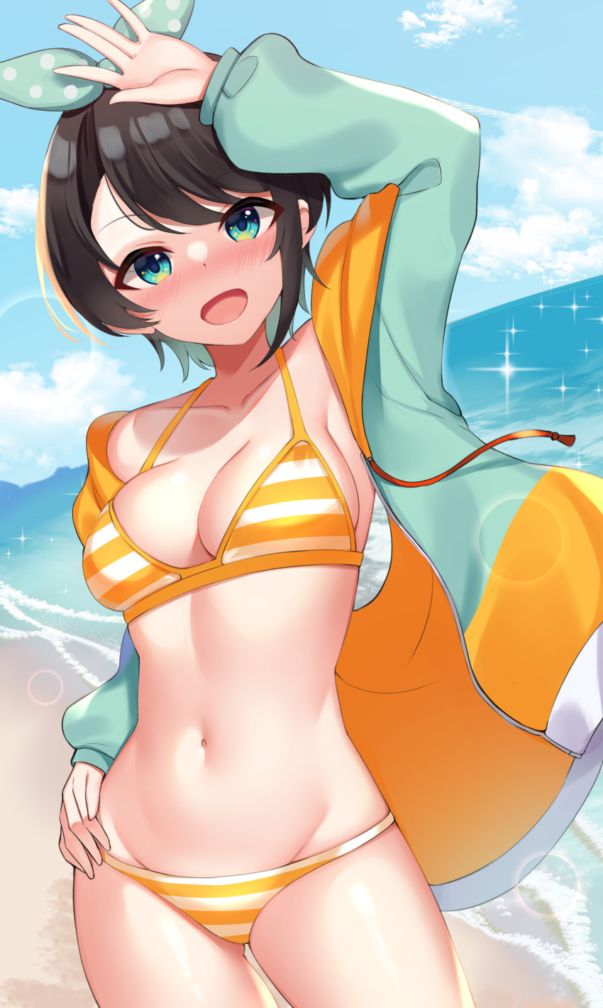 1girl absurdres bangs beach bikini black_hair blue_eyes blue_jacket blue_sky clouds cowboy_shot day hair_ribbon hand_on_hip highres hololive horizon jacket looking_at_viewer ocean oozora_subaru outdoors polka_dot polka_dot_ribbon ribbon short_hair sky solo standing striped striped_bikini sweetcheese swept_bangs swimsuit virtual_youtuber yellow_bikini