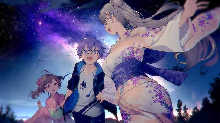 1boy 2girls alternate_costume alternate_hairstyle bangs black_jacket blue_eyes blush breasts brown_hair commentary_request double_bun floral_print galaxy glasses grey_hair hair_ornament hairclip headgear highres holding_hands hood hooded_jacket jacket japanese_clothes kizuna_akari long_hair long_sleeves multiple_girls night night_sky obi open_mouth outdoors ponytail purple_hair sash shirinda_fureiru shirt side_ponytail sky star_(sky) star_(symbol) star_hair_ornament starry_sky t-shirt touhoku_kiritan tree violet_eyes voiceroid wide_sleeves yuzuki_yukari's_younger_twin_brother