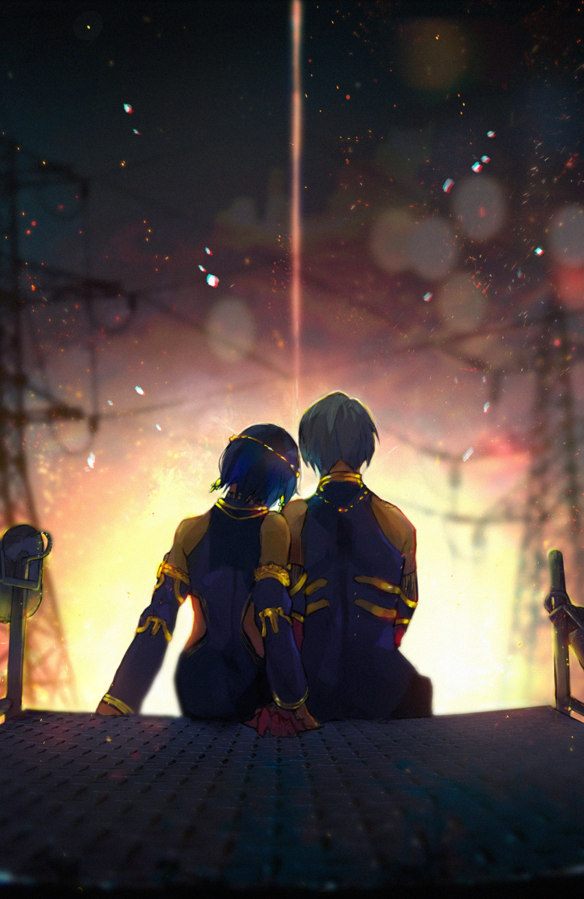 1boy 1girl bangs bare_shoulders blue_hair detached_sleeves from_behind grey_hair hetero highres holding_hands husband_and_wife kaneki_ken kirishima_touka kyuuba_melo long_sleeves night official_alternate_costume short_hair sitting sky star_(sky) starry_sky tokyo_ghoul tokyo_ghoul:re utility_pole wedding