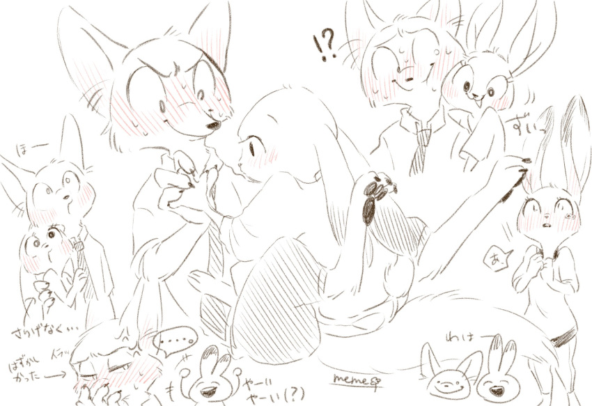 !? +++ ... 1boy 1girl :t anger_vein animal_ears animal_feet animal_nose arm_around_shoulder arrow_(symbol) artist_name barefoot blush body_fur cheek-to-cheek chibi chibi_inset claws closed_mouth collared_shirt commentary_request constricted_pupils covering_own_mouth ear_blush ears_down embarrassed fox_boy fox_ears fox_tail full-face_blush furry furry_female furry_male furry_with_furry greyscale half-closed_eyes hand_on_another's_shoulder hand_size_difference hand_up hands_up happy heads_together hetero highres holding_hands hug judy_hopps leaning_back legs_up long_sleeves looking_at_another looking_back looking_to_the_side looking_up meme_(penpengusa_no_meme) monochrome motion_lines multiple_views necktie nervous nervous_smile nervous_sweating nick_wilde open_mouth own_hands_together pants pawpads rabbit_ears rabbit_girl rabbit_tail raised_inner_eyebrows shirt short_sleeves short_tail sideways_glance signature sitting sitting_on_lap sitting_on_person sketch smile snout speech_bubble spoken_ellipsis spot_color standing surprised sweat tail tears translation_request v-shaped_eyebrows very_sweaty white_background wide-eyed zootopia
