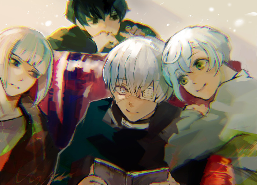 4boys bangs black_hair black_sweater blunt_bangs book character_request couch eyebrows_visible_through_hair eyepatch gender_request green_eyes grey_background grey_eyes highres holding holding_book kaneki_ken kyuuba_melo long_sleeves looking_at_viewer multiple_boys open_book playing_with_another's_hair shiny shiny_hair short_hair sitting smile sweater tokyo_ghoul ui_koori