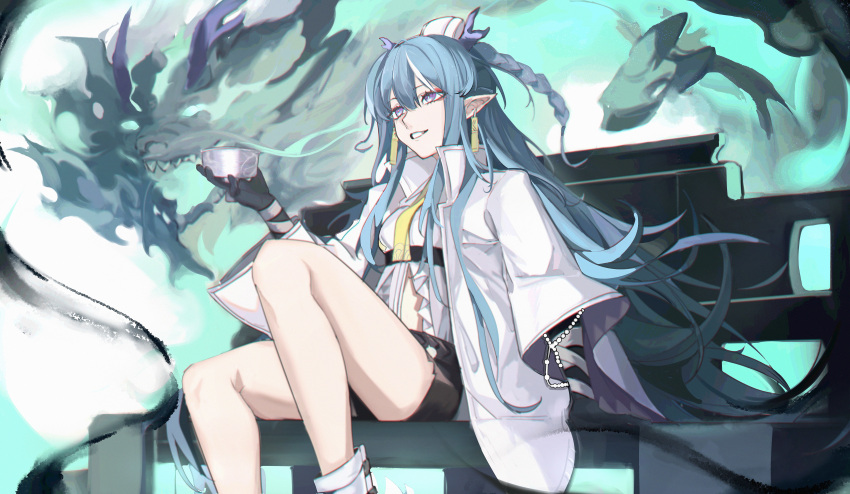1girl absurdres arknights bandages bangs bare_legs bench black_gloves black_shorts blue_fire blue_hair braid breasts coat cup dragon dragon_horns earrings elbow_gloves eyebrows_visible_through_hair feet_out_of_frame fire gloves hair_between_eyes highres holding holding_cup horns jewelry knee_up ling_(arknights) long_hair long_sleeves looking_afar looking_away medium_breasts multicolored_hair necktie open_clothes open_coat parted_lips pointy_ears shirt short_shorts shorts sitting smile solo streaked_hair tokinhr two-tone_hair underbust very_long_hair violet_eyes white_coat white_hair white_shirt wide_sleeves yellow_necktie
