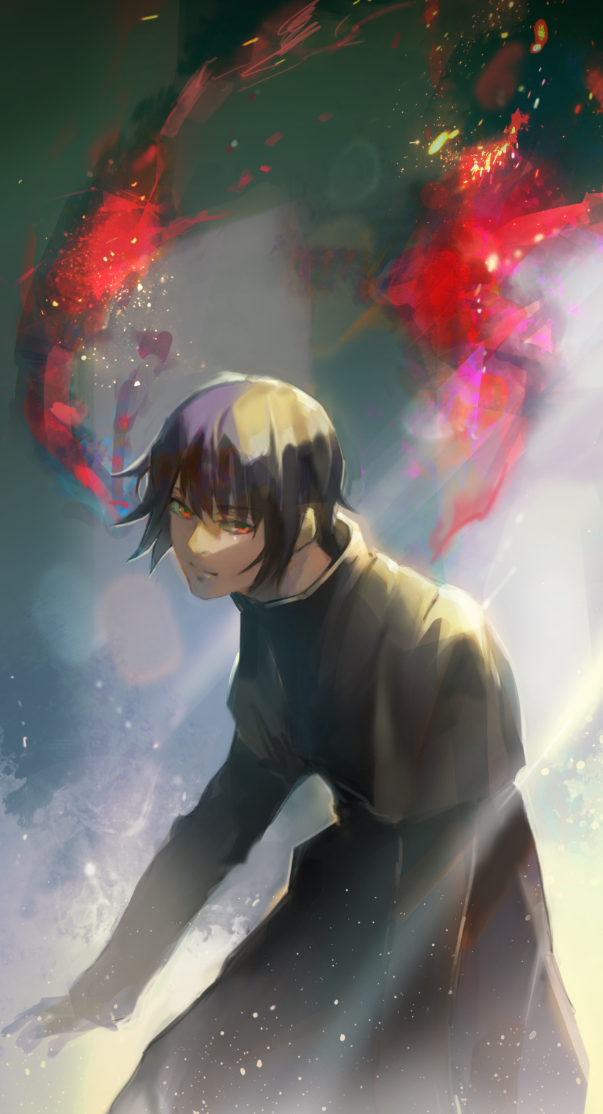 1boy absurdres bangs black_jacket closed_mouth cowboy_shot eyebrows_visible_through_hair green_background highres jacket kagune_(tokyo_ghoul) kirishima_ayato kyuuba_melo leaning_forward light light_particles long_sleeves multicolored_background red_eyes shiny shiny_hair short_hair solo tokyo_ghoul white_background