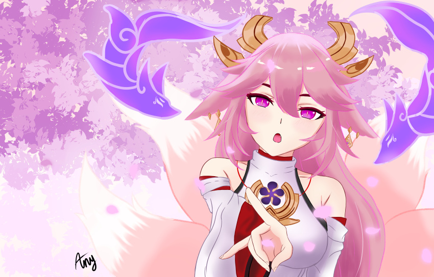 1girl animal_ears any_yuu bangs bare_shoulders blush breasts detached_sleeves fox_ears genshin_impact gohei hair_ornament highres japanese_clothes jewelry kimono large_breasts long_hair looking_at_viewer necklace parted_lips pendant pink_hair purple_eyes red_skirt sidelocks skirt sleeveless sleeveless_kimono smile solo thighs very_long_hair white_kimono wide_sleeves yae_(genshin_impact)
