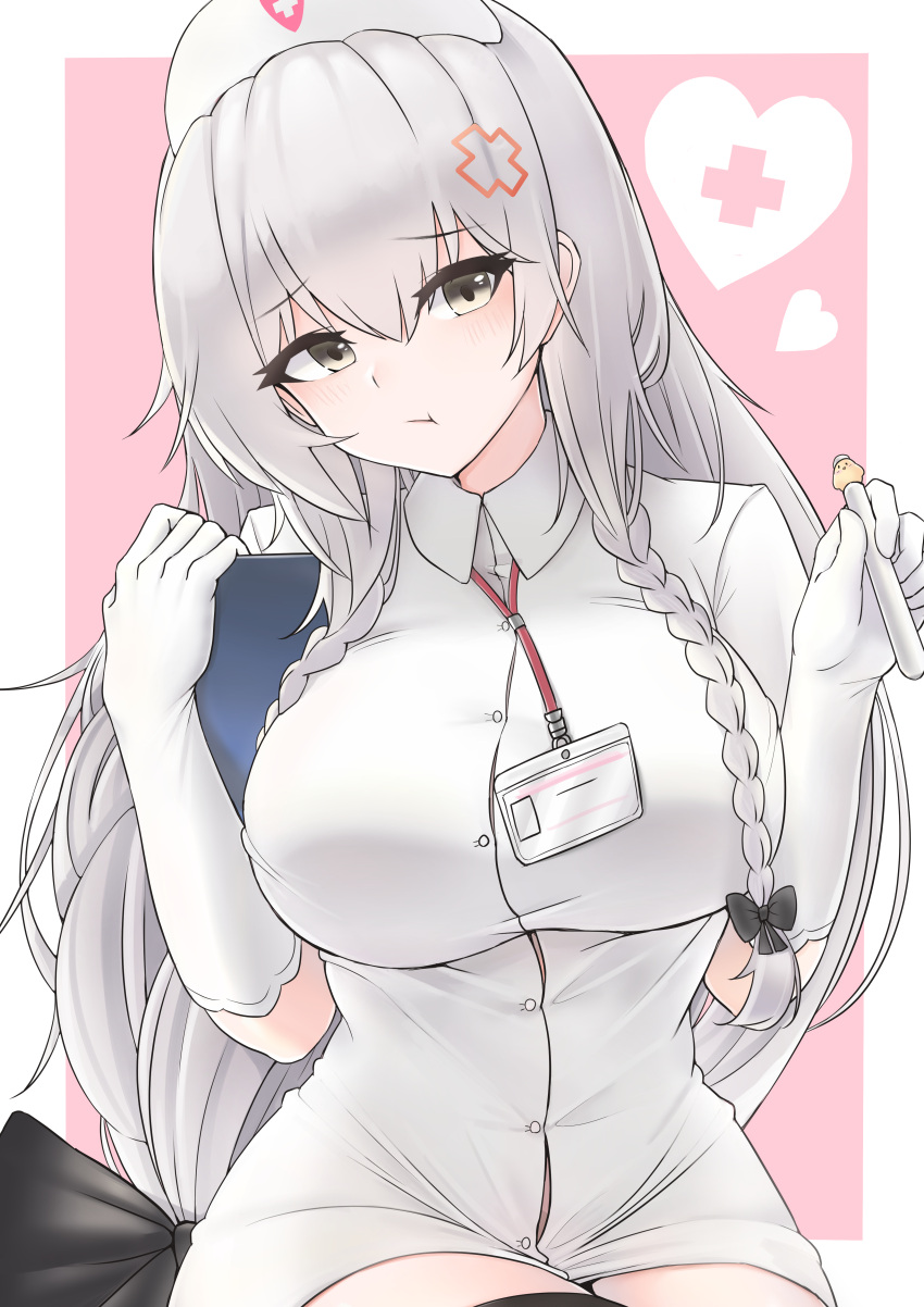 1girl :t absurdres annoyed azur_lane blush bra_visible_through_clothes braid breasts closed_mouth dress elbow_gloves eyebrows_visible_through_hair gloves hermione_(azur_lane) hermione_(pure_white_angel)_(azur_lane) highres id_card lagijay large_breasts light_brown_eyes long_hair looking_at_viewer low-tied_long_hair low_tied_hair nurse pout solo twin_braids white_dress white_gloves white_headwear