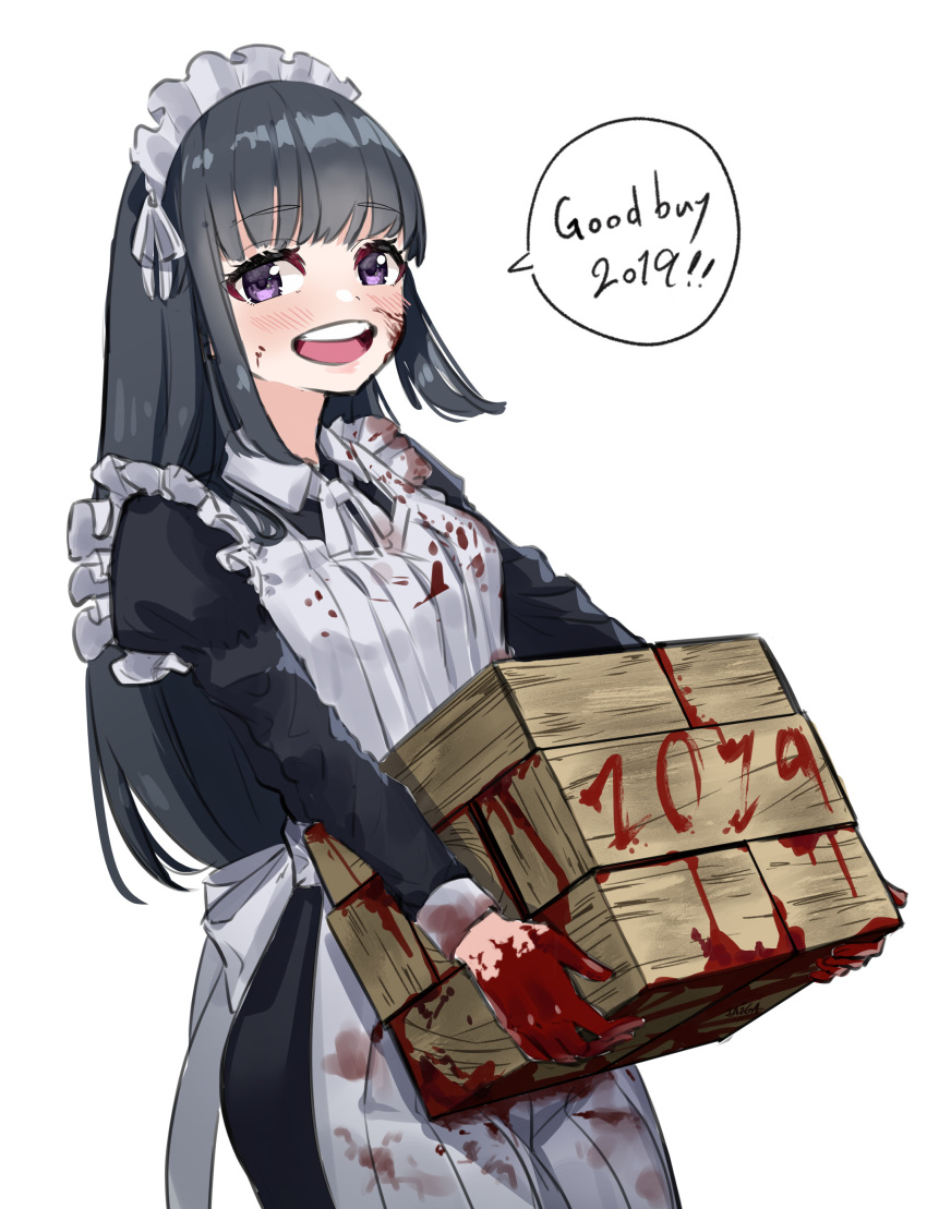 1girl 2019 :d absurdres apron black_dress black_hair blood blood_on_face blood_on_hands blood_splatter box dress english_text highres holding holding_box juliet_sleeves long_hair long_sleeves looking_at_viewer maid maid_apron maid_headdress open_mouth original puffy_sleeves simple_background smile solo taiga_(ryukyu-6102-8) violet_eyes white_apron white_background