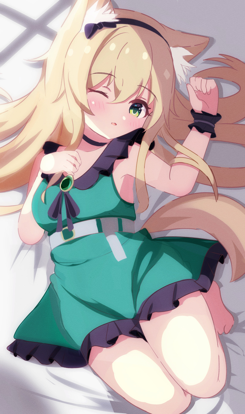 1girl absurdres animal_ear_fluff animal_ears arknights bangs barefoot bed_sheet black_bow black_hairband blonde_hair blush bow commentary_request dog_ears dog_girl dog_tail dress eyebrows_visible_through_hair frilled_dress frills green_dress green_eyes hair_between_eyes hair_bow hairband hand_up highres looking_at_viewer one_eye_closed parted_lips podenco_(arknights) podenco_(wake_up_from_a_nap)_(arknights) rebaa sleeveless sleeveless_dress solo tail wrist_cuffs