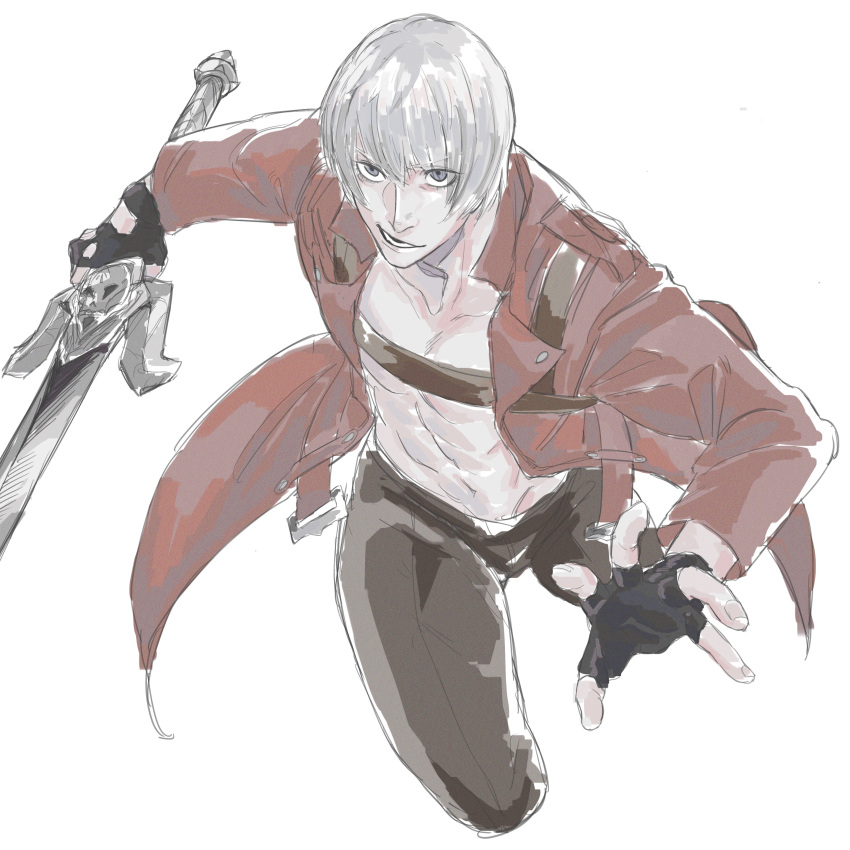 1boy absurdres bare_pectorals black_gloves coat dante_(devil_may_cry) devil_may_cry_(series) devil_may_cry_3 eyebrows_visible_through_hair eyes_visible_through_hair fingerless_gloves fingernails gloves grey_eyes grey_hair highres holding holding_sword holding_weapon lower_teeth luci_omi_gusu male_focus navel open_clothes open_coat open_mouth pectorals rebellion_(sword) red_coat simple_background sketch smile solo sword teeth weapon white_background