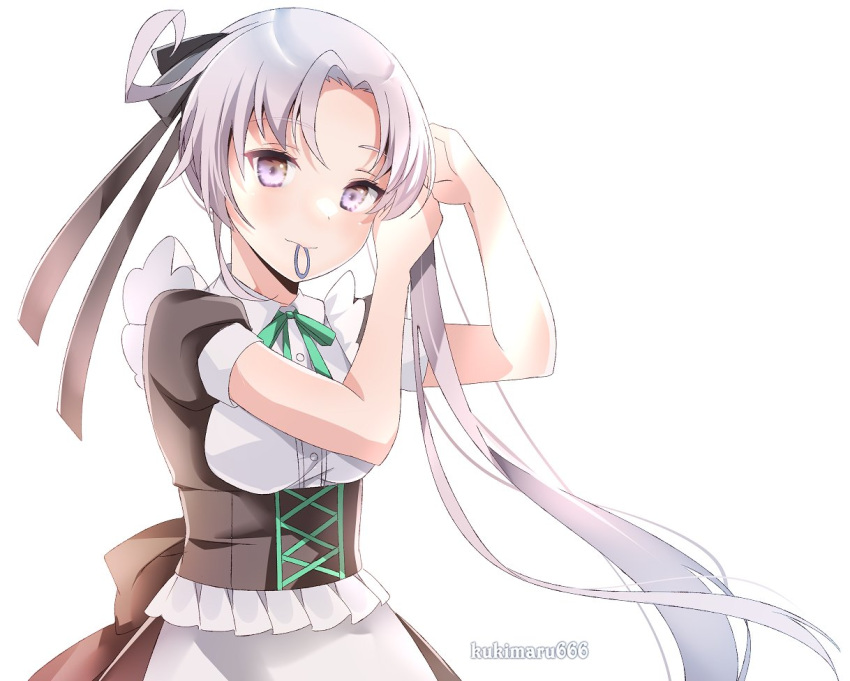 1girl akitsushima_(kancolle) alternate_costume apron black_dress blush closed_mouth dress enmaided eyebrows_visible_through_hair kantai_collection kukimaru light_purple_hair long_hair maid maid_apron mouth_hold one-hour_drawing_challenge puffy_short_sleeves puffy_sleeves short_sleeves side_ponytail simple_background solo twitter_username upper_body violet_eyes waist_apron white_apron white_background