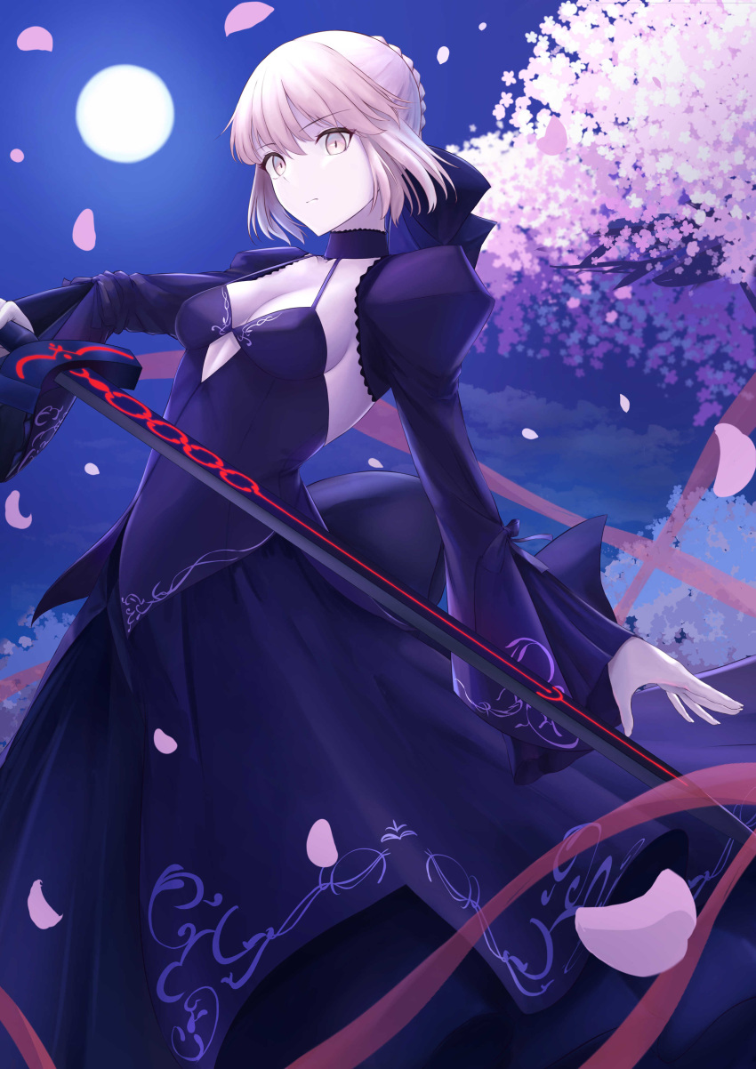 1girl absurdres artoria_pendragon_(all) black_footwear black_skirt blonde_hair breasts cleavage clouds cloudy_sky dark_excalibur eyebrows_visible_through_hair fate/stay_night fate_(series) formal full_body fuwatoromonta high_heels highres long_skirt long_sleeves medium_breasts okuma707 outdoors outstretched_arm saber_alter shrug_(clothing) sideboob skeb_commission skirt skirt_suit sky solo standing suit tied_hair yellow_eyes