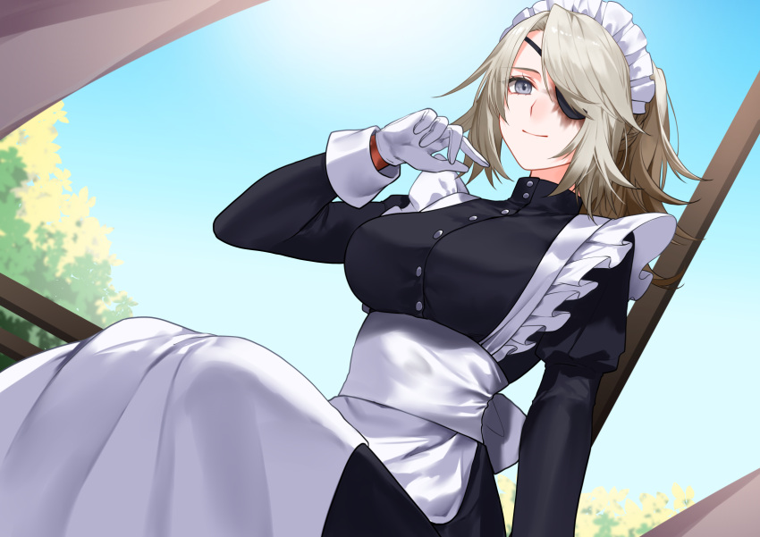 1girl breasts commentary_request commission day eyepatch gloves grey_eyes grey_hair highres long_sleeves lydia_macarthur maid maid_headdress medium_breasts original outdoors ponytail scar scar_on_face sitting skeb_commission smile solo waka_(shark_waka)