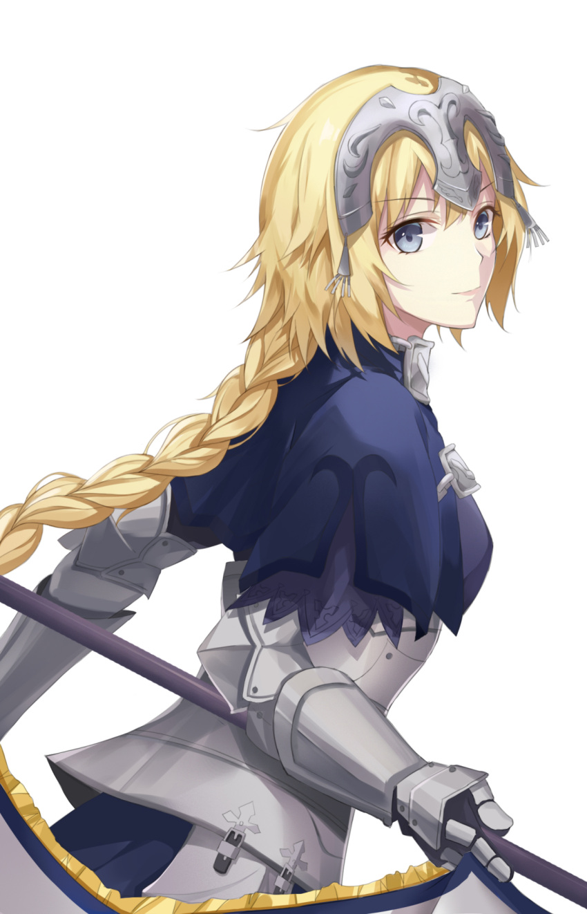 1girl armor armored_dress banner black_ribbon blonde_hair blue_eyes braid eyebrows_visible_through_hair fate/apocrypha fate/grand_order fate_(series) gauntlets highres jeanne_d'arc_(fate) jeanne_d'arc_(fate)_(all) long_hair low-tied_long_hair ponytail purple_legwear ribbon ruler_(fate/apocrypha) sheath sheathed single_braid smile solo standing sword thigh-highs very_long_hair weapon yukibane_ice