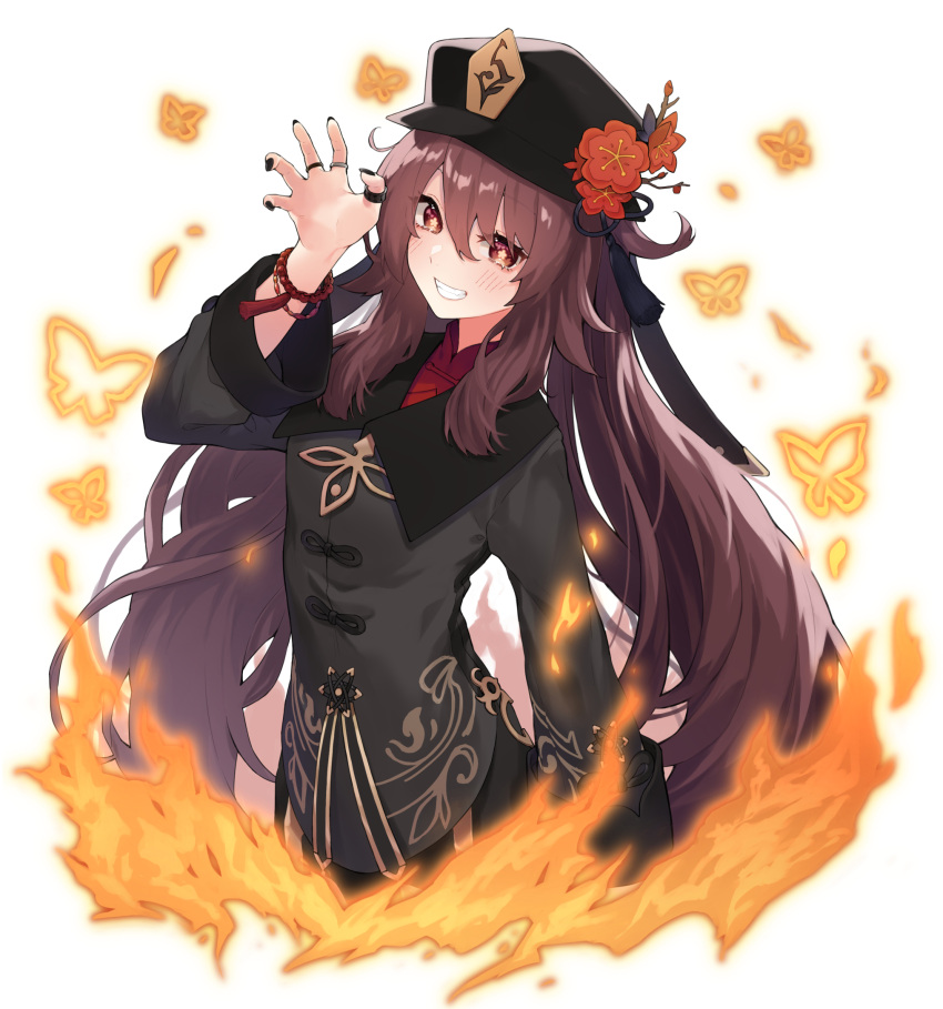 1girl black_headwear blush brown_hair bug butterfly claw_pose fire flower flower-shaped_pupils genshin_impact grin hat hat_flower highres hu_tao_(genshin_impact) long_hair long_sleeves nrmrmn porkpie_hat smile solo symbol-shaped_pupils upper_body very_long_hair