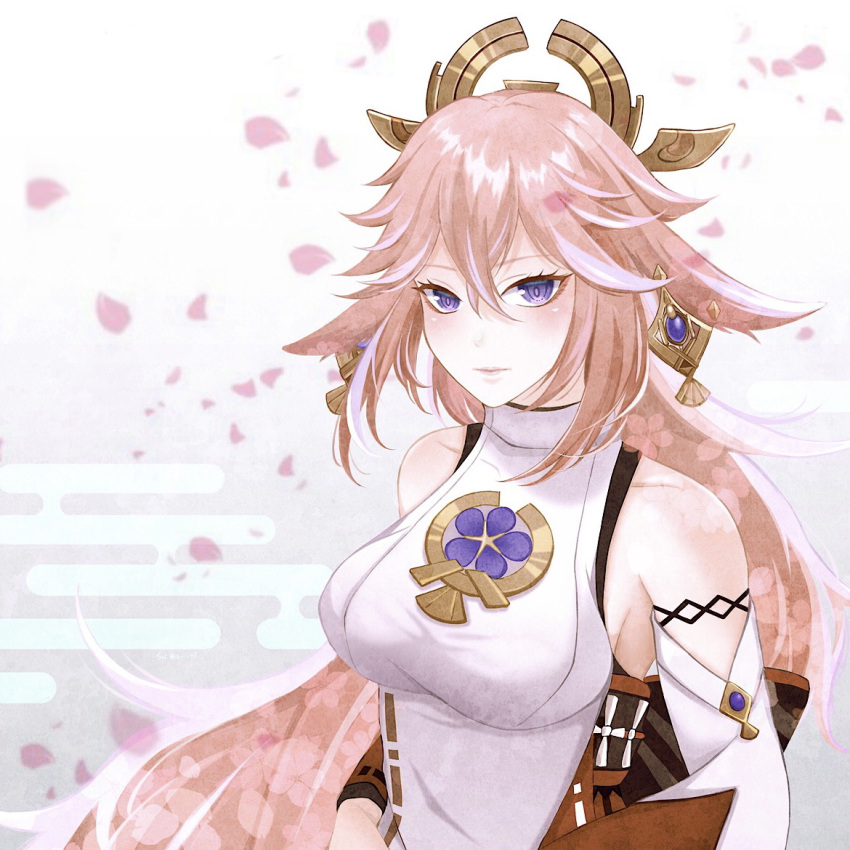 1girl animal_ears bangs bare_shoulders blush breasts detached_sleeves fox_ears genshin_impact gohei hair_ornament highres japanese_clothes jewelry kimono large_breasts long_hair looking_at_viewer necklace parted_lips pendant pink_hair purple_eyes red_skirt sidelocks skirt sleeveless sleeveless_kimono smile solo sui_o7 thighs very_long_hair white_kimono wide_sleeves yae_(genshin_impact)