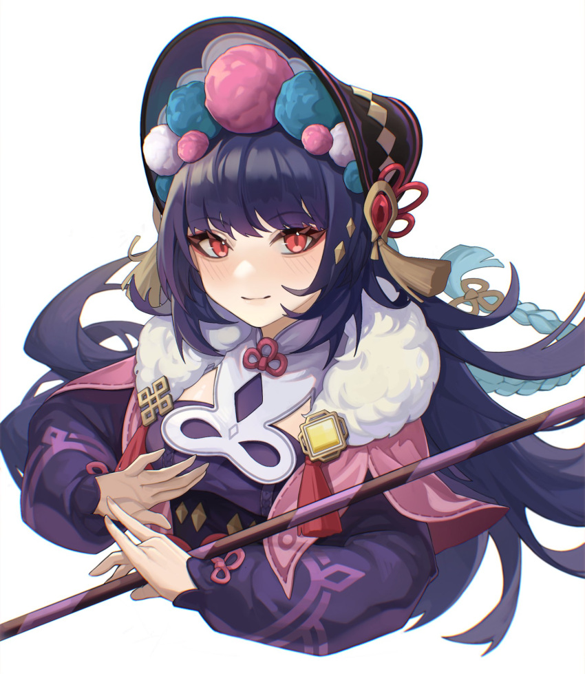 1girl blush cropped_torso fur_trim genshin_impact hat highres holding holding_stick light_smile long_hair looking_at_viewer purple_hair red_eyes simple_background solo stick tutou_jiang upper_body white_background yun_jin_(genshin_impact)