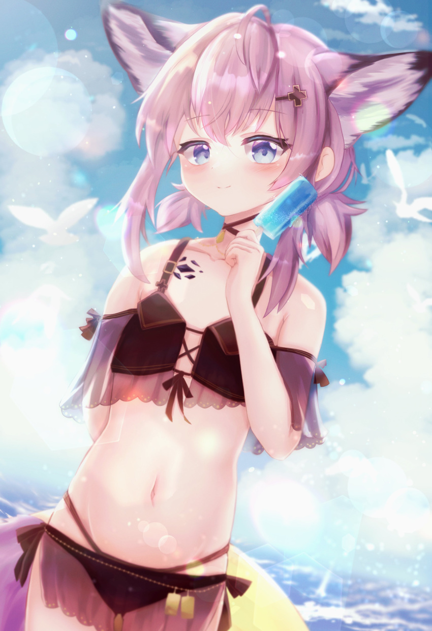 1girl absurdres alternate_hairstyle animal_ears arknights armpit_crease bangs bare_shoulders black_swimsuit blue_eyes blush brown_hair chrocatz closed_mouth eyebrows_visible_through_hair flat_chest food fox_ears fox_girl highres ice_cream official_alternate_costume oripathy_lesion_(arknights) short_hair solo sussurro_(arknights) sussurro_(summer_flowers)_(arknights) swimsuit