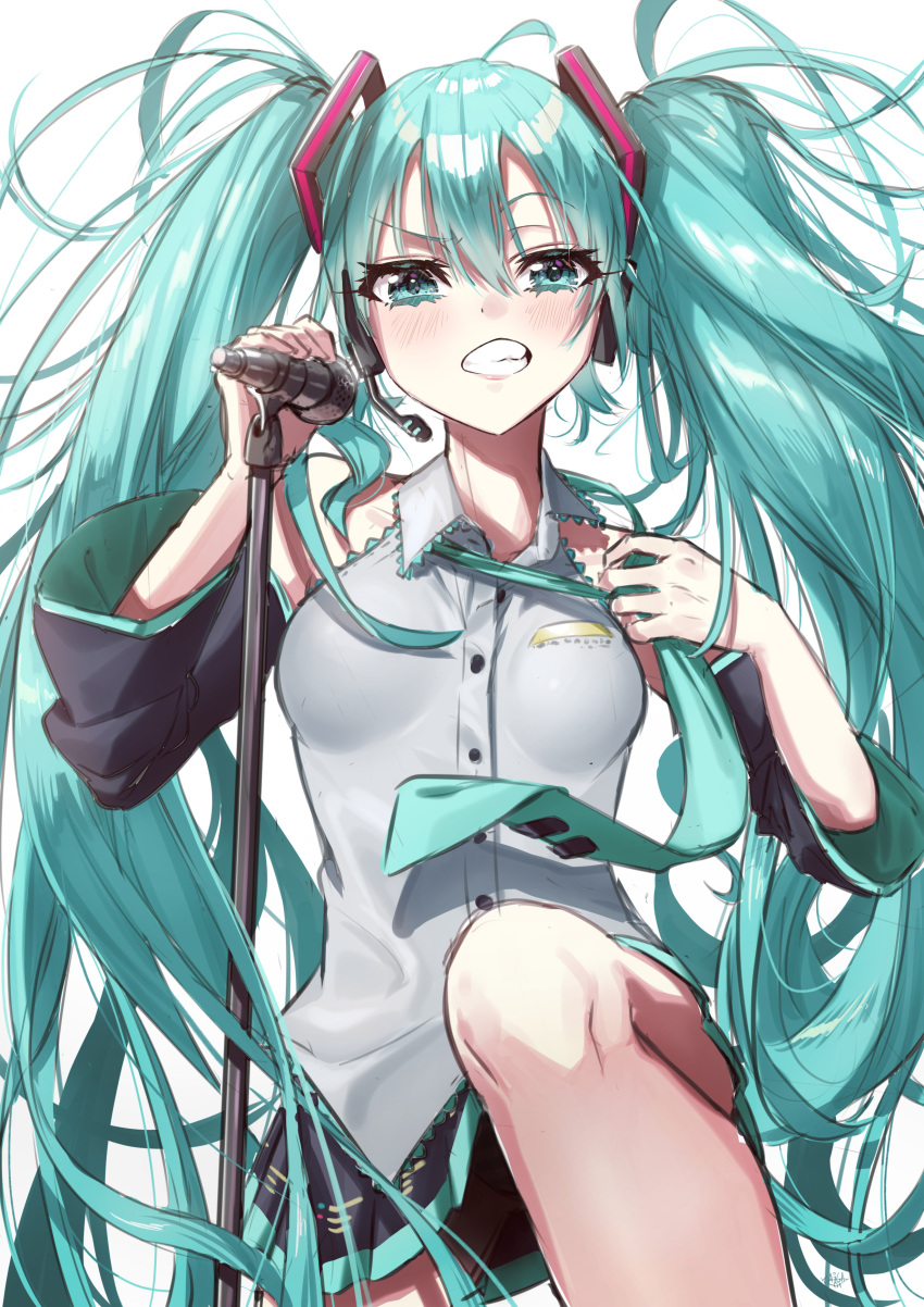 1girl absurdres ahoge black_skirt blue_eyes blue_hair blue_necktie blush clenched_teeth collared_shirt commentary_request detached_sleeves grey_shirt hair_between_eyes hand_up hatsune_miku highres holding long_sleeves looking_at_viewer microphone microphone_stand miniskirt necktie necktie_grab neckwear_grab panties shirt simple_background skirt solo striped striped_panties taiga_(ryukyu-6102-8) teeth twintails underwear vocaloid white_background wing_collar