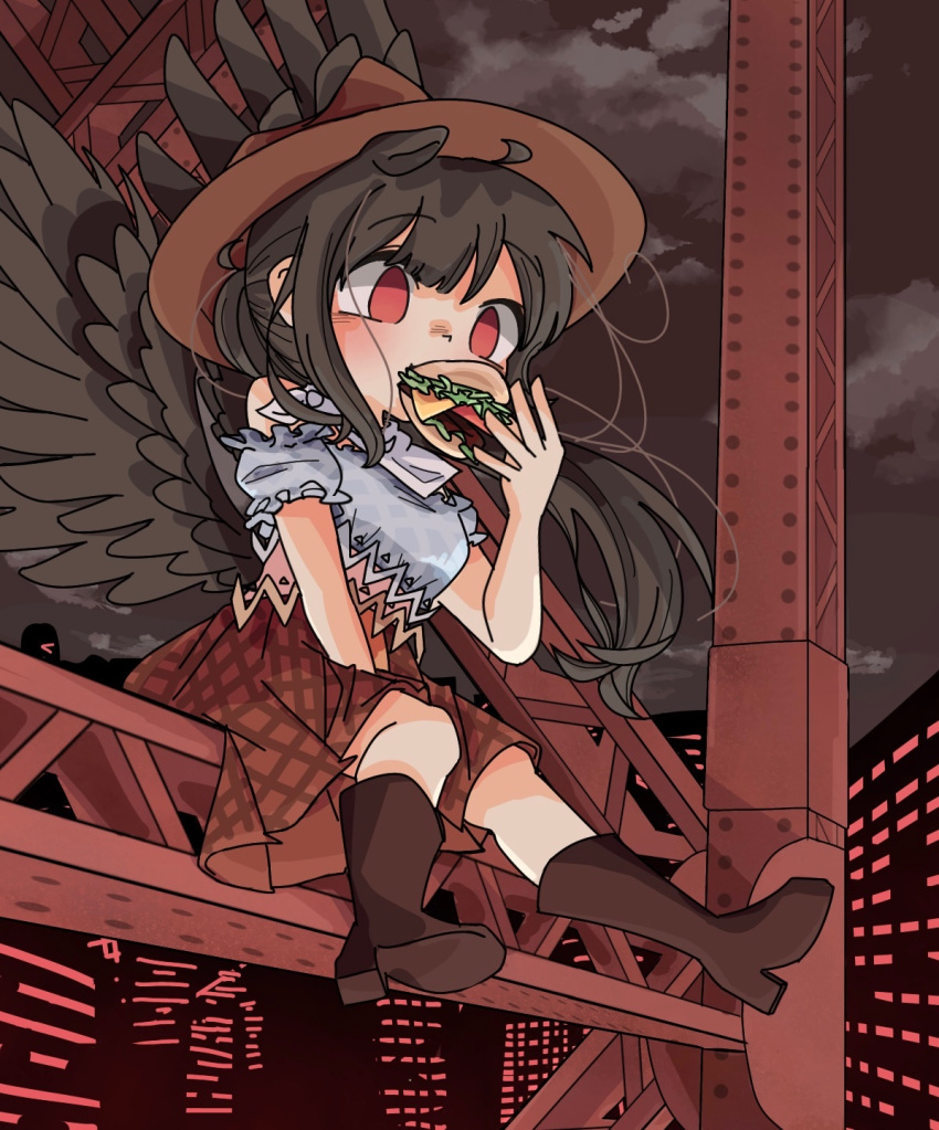 1girl animal_ears bangs bare_shoulders black_hair black_sky blue_dress blush boots breasts brown_dress brown_footwear brown_hair brown_headwear building burger city clouds cloudy_sky cowboy_hat dress eating eyebrows_visible_through_hair feathered_wings food hand_up hat highres horse_ears kurokoma_saki long_hair looking_to_the_side medium_breasts multicolored_clothes multicolored_dress night night_sky off-shoulder_dress off_shoulder pegasus pink_dress plaid plaid_dress ponytail puffy_short_sleeves puffy_sleeves red_eyes scarf short_sleeves sitting sky skyscraper solo steel_beam touhou tutuntudenden white_scarf window wings