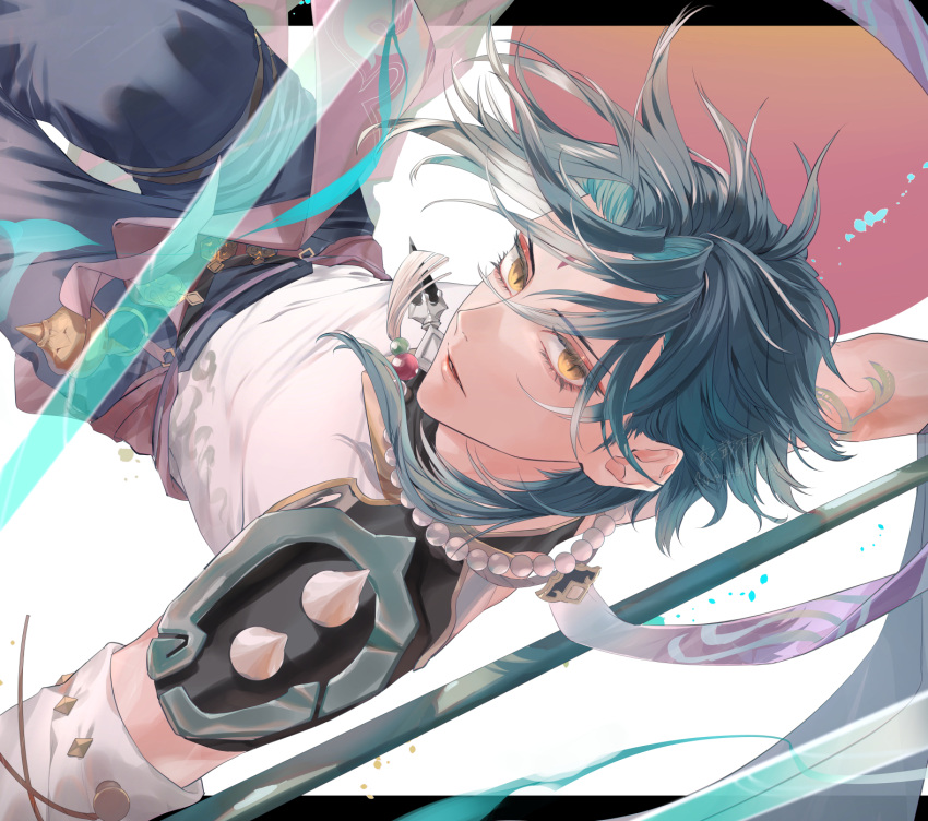 1boy arm_tattoo armor bangs bead_necklace beads blue_hair commentary eyelashes eyeshadow facial_mark forehead_mark genshin_impact highres hiiro_(coinxtossxdive) jewelry looking_at_viewer makeup male_focus multicolored_hair necklace polearm red_eyeshadow shoulder_armor solo spikes tassel tattoo upper_body weapon xiao_(genshin_impact) yellow_eyes