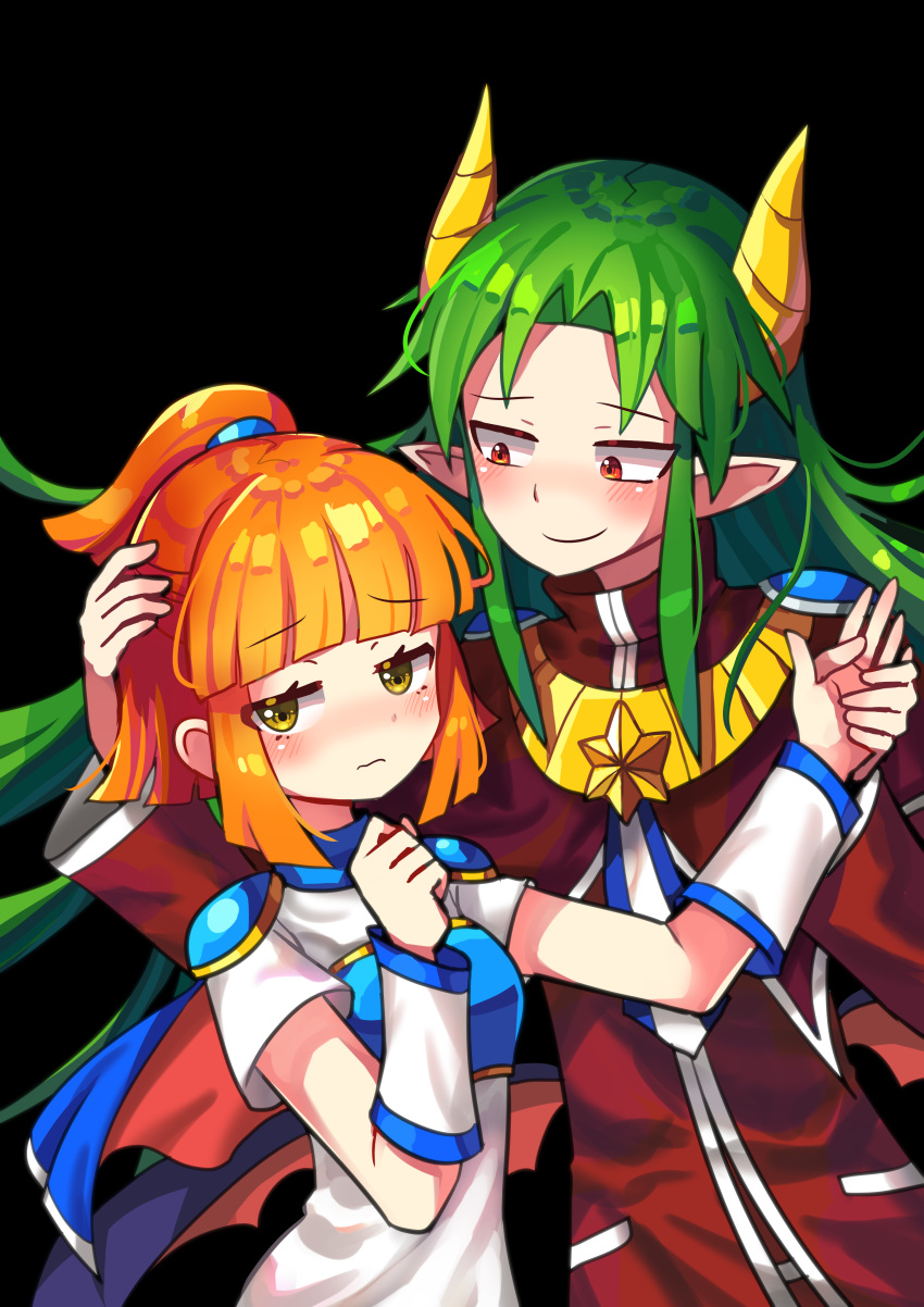 1boy 1girl absurdres arle_nadja armor blush breastplate brown_eyes brown_hair closed_mouth eyebrows_visible_through_hair green_hair highres horns looking_at_another pointy_ears puyopuyo red_eyes s2offbeat satan_(puyopuyo) short_hair short_ponytail smile