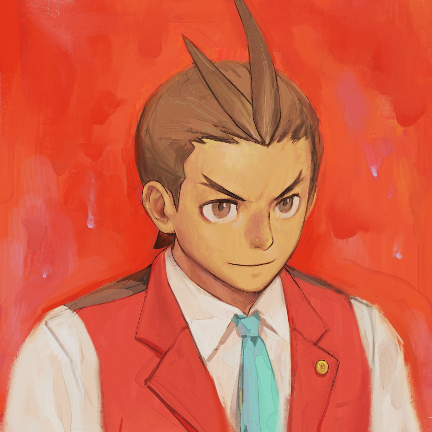 1boy ace_attorney antenna_hair apollo_justice apollo_justice:_ace_attorney blue_necktie brown_eyes brown_hair chinese_commentary closed_mouth collared_shirt commentary_request forehead forked_eyebrows godzillapigeon1 highres male_focus necktie pin red_background red_theme red_vest shirt short_hair simple_background solo upper_body v-shaped_eyebrows vest white_shirt