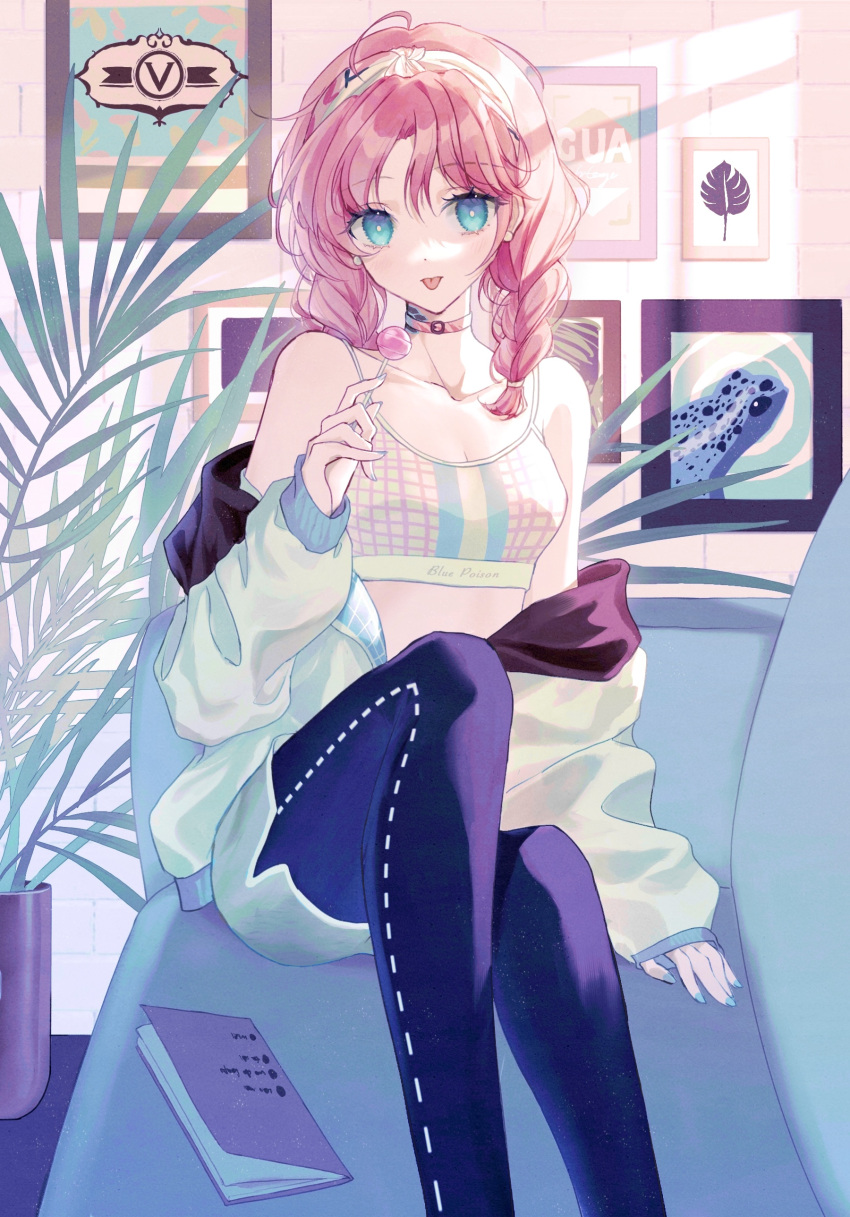 1girl :p absurdres arknights bangs bare_shoulders blue_eyes blue_pants blue_poison_(arknights) blue_poison_(shoal_beat)_(arknights) blue_shorts crop_top feet_out_of_frame hairband highres indoors jacket leggings long_hair long_sleeves looking_at_viewer midriff off_shoulder open_clothes open_jacket osage_(8545675) pants pink_hair short_shorts shorts solo spaghetti_strap sports_bra standing tongue tongue_out white_jacket