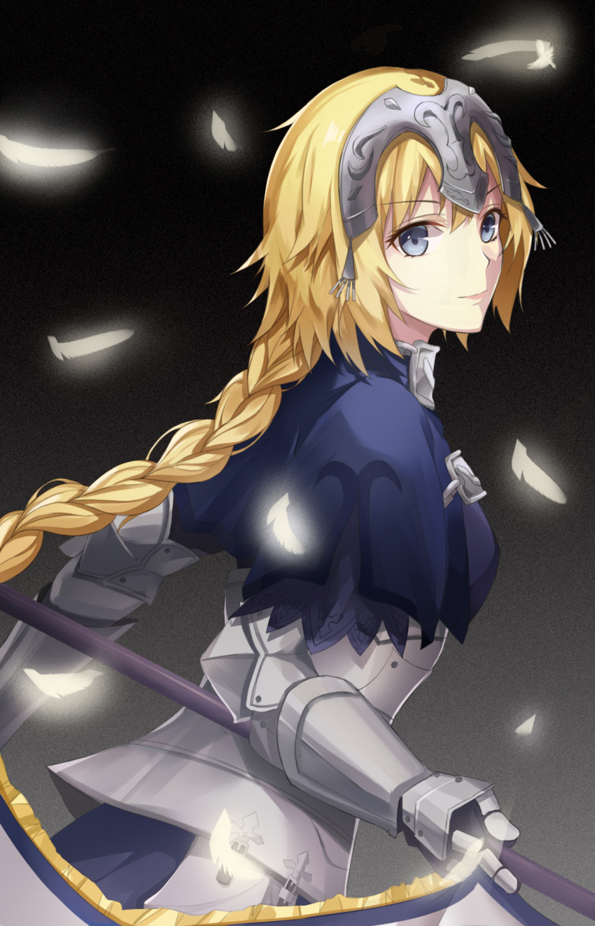 1girl armor armored_dress banner black_ribbon blonde_hair blue_eyes braid eyebrows_visible_through_hair fate/apocrypha fate/grand_order fate_(series) gauntlets highres jeanne_d'arc_(fate) jeanne_d'arc_(fate)_(all) long_hair low-tied_long_hair ponytail purple_legwear ribbon ruler_(fate/apocrypha) sheath sheathed single_braid smile solo standing sword thigh-highs very_long_hair weapon yukibane_ice