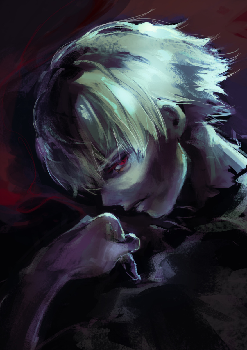 1boy absurdres bangs black_shirt colored_skin from_side grey_hair grey_skin hand_up highres kaneki_ken kyuuba_melo male_focus portrait profile purple_background red_background red_eyes shiny shiny_hair shirt short_hair solo tokyo_ghoul
