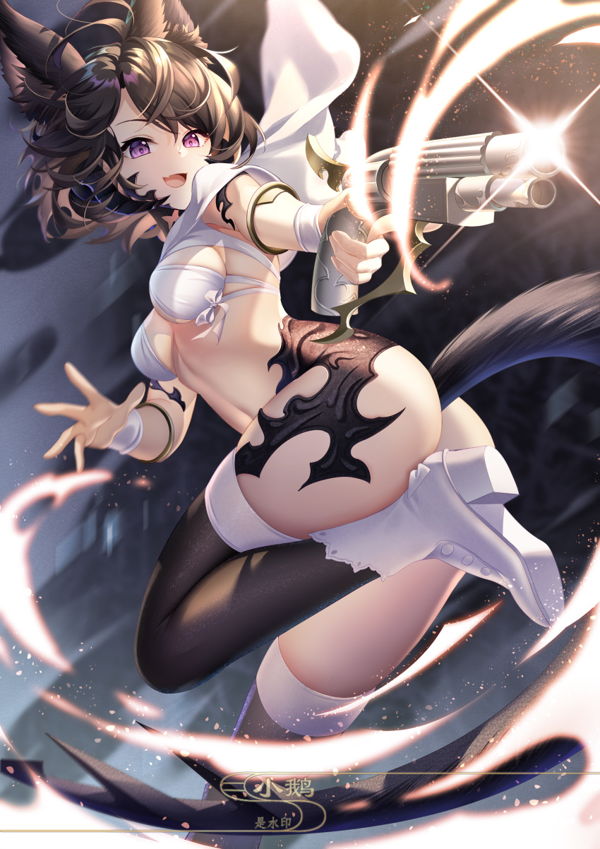 1girl :d absurdres animal_ear_fluff animal_ears armband ass au_ra avatar_(ff14) bangs black_legwear boots bottomless breasts brown_hair cape chinese_text commentary_request dragon_horns eyebrows eyelashes fang final_fantasy final_fantasy_xiv full_body gun high_heel_boots high_heels highres holding holding_gun holding_weapon horns knee_up looking_back medium_breasts navel open_mouth parted_bangs scales skin_fang smile solo sparkle standing standing_on_one_leg tachi-e tail thigh-highs thighs under_boob violet_eyes weapon white_footwear wolf_ears wolf_tail wristband yue_xiao_e