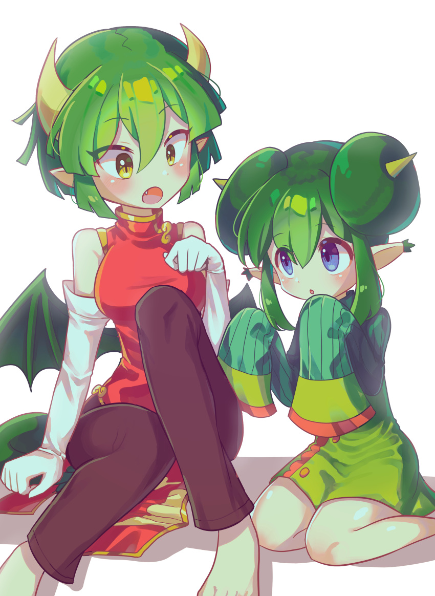 2girls absurdres barefoot black_pants blue_eyes breasts china_dress chinese_clothes double_bun draco_centauros dragon_girl dragon_horns dragon_tail dragon_wings dress elbow_gloves eyebrows_visible_through_hair fang gloves green_hair highres horns large_breasts lidelle_(puyopuyo) long_sleeves looking_at_another multiple_girls pants pointy_ears puyopuyo red_dress s2offbeat short_hair sitting sleeveless sleeveless_dress sleeves_past_wrists tail white_gloves wings yellow_eyes