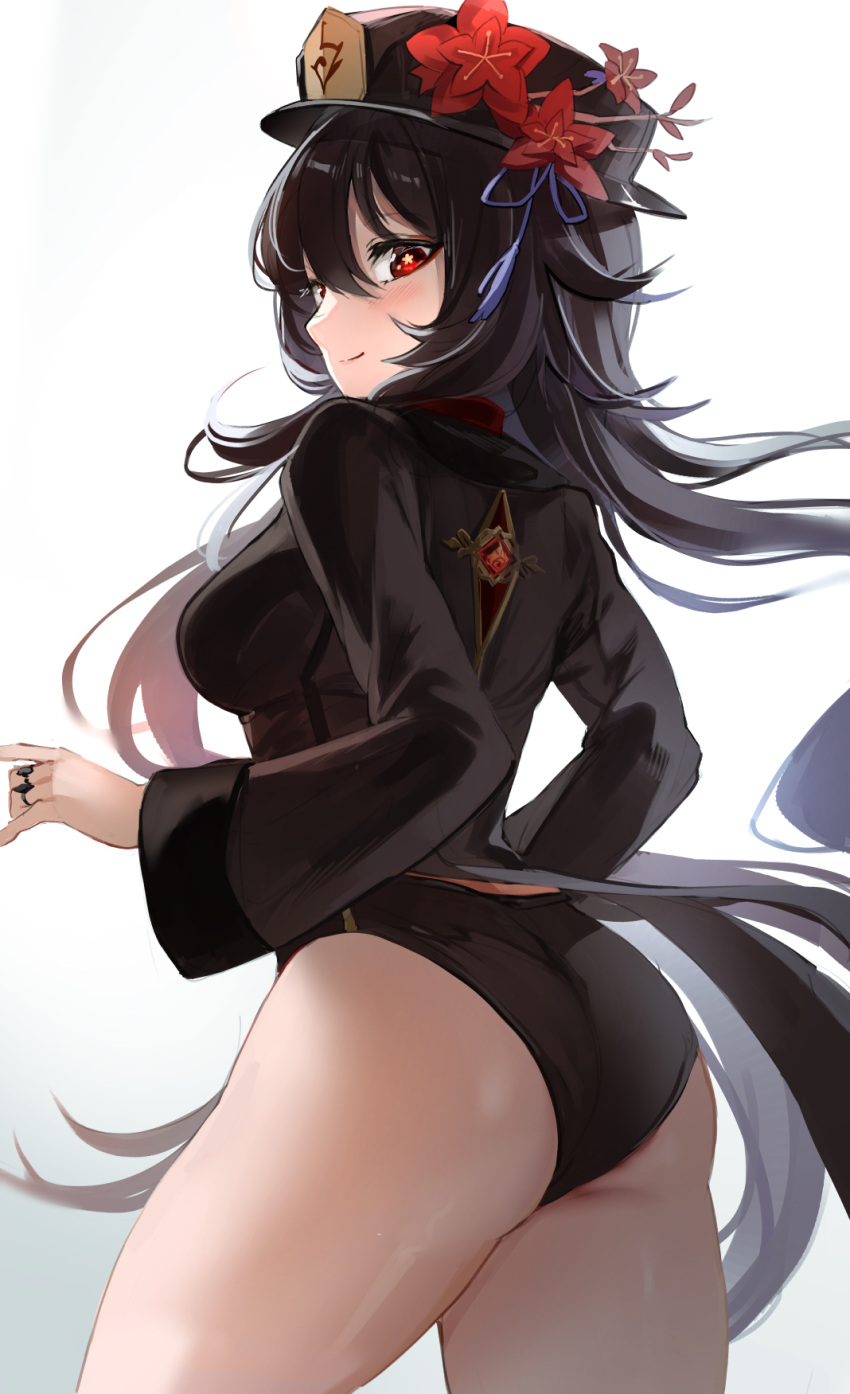 1girl alternate_breast_size ass bangs black_hair black_panties blush breasts english_commentary fbreeze flower from_behind genshin_impact hair_between_eyes hat hat_flower head_tilt highres hu_tao_(genshin_impact) jewelry large_breasts long_hair long_sleeves low_twintails panties plum_blossoms red_eyes red_flower ring simple_background smile solo tassel twintails underwear vision_(genshin_impact)