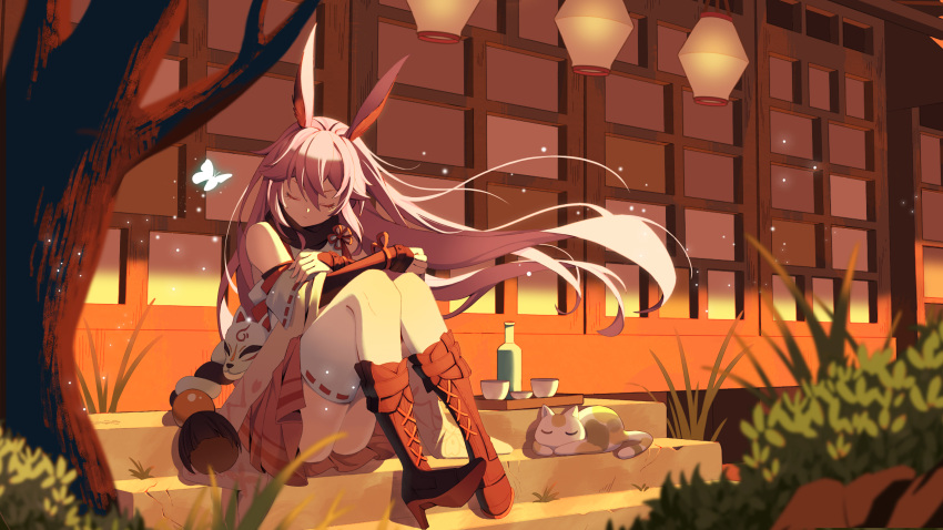 1girl alcohol animal animal_ears architecture bangs bare_shoulders boots bottle bug butterfly cat chayinlulu closed_eyes closed_mouth cup drinking_glass east_asian_architecture fox_ears fox_mask full_body grass highres honkai_(series) honkai_impact_3rd japanese_clothes kimono long_hair mask miko outdoors pink_skirt purple_footwear sitting skirt sleeping solo thigh-highs tray tree white_butterfly white_kimono white_legwear wine wine_bottle wine_glass yae_sakura yae_sakura_(gyakushinn_miko)
