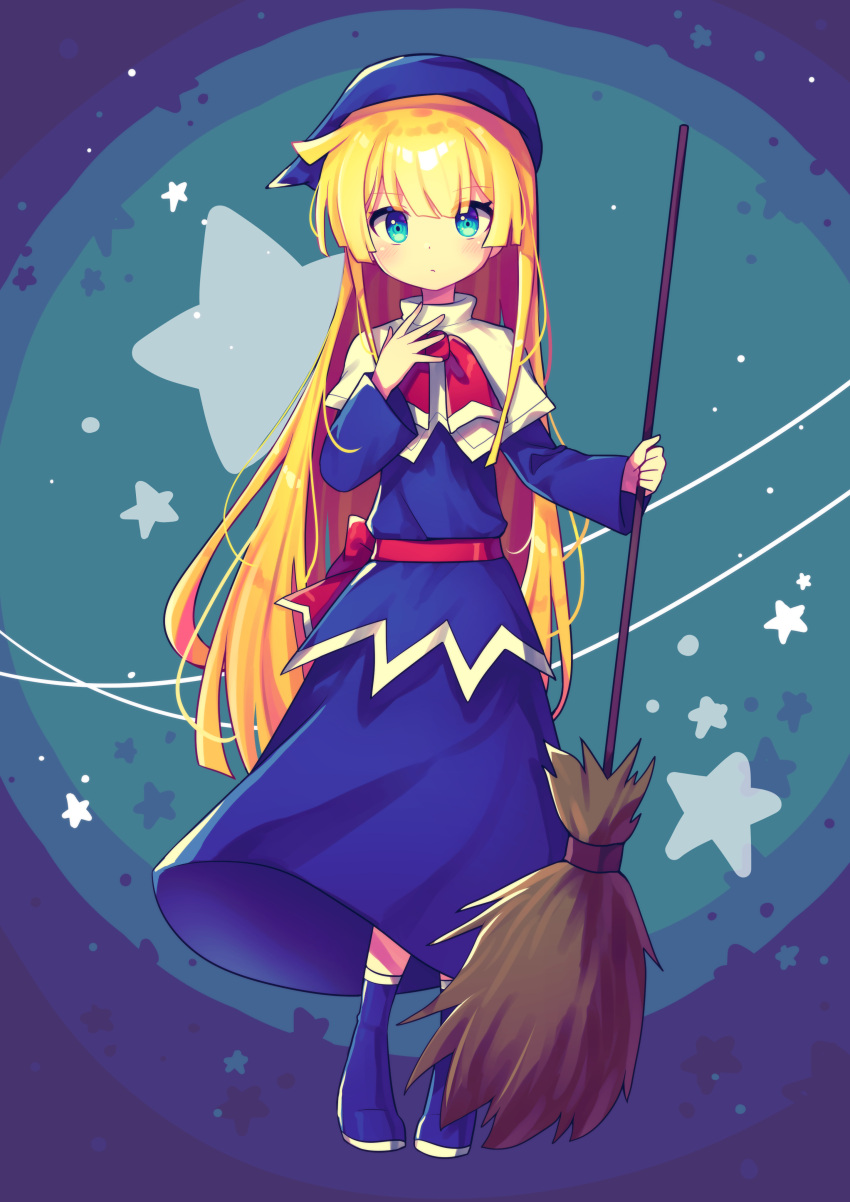 1girl absurdres blonde_hair blue_eyes blue_footwear blush boots broom closed_mouth expressionless eyebrows_visible_through_hair full_body highres holding holding_broom long_hair looking_at_viewer puyopuyo s2offbeat solo very_long_hair witch_(puyopuyo)