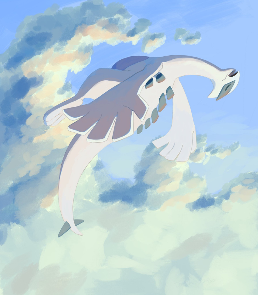 closed_eyes clouds commentary day flying from_side highres lugia no_humans open_mouth outdoors pokemon pokemon_(creature) sky solo torinoko_(miiko_draw)