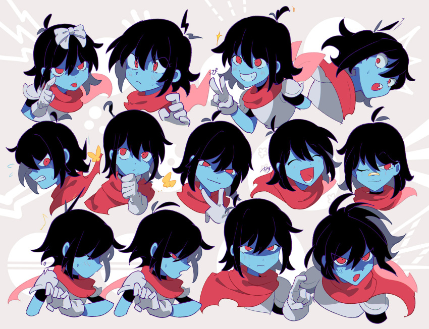 1other :&lt; anger_vein armor bandaid bandaid_on_nose bangs black_hair blush bow bug butterfly clenched_teeth closed_eyes closed_mouth commentary_request cropped_shoulders deltarune expressions expressive_hair flying_sweatdrops gloves grin hair_between_eyes hair_bow highres kris_(deltarune) multiple_views open_mouth red_eyes red_scarf scarf senjochi_janai shaded_face signature simple_background smile sweat teeth two-tone_background v wavy_mouth white_bow white_gloves