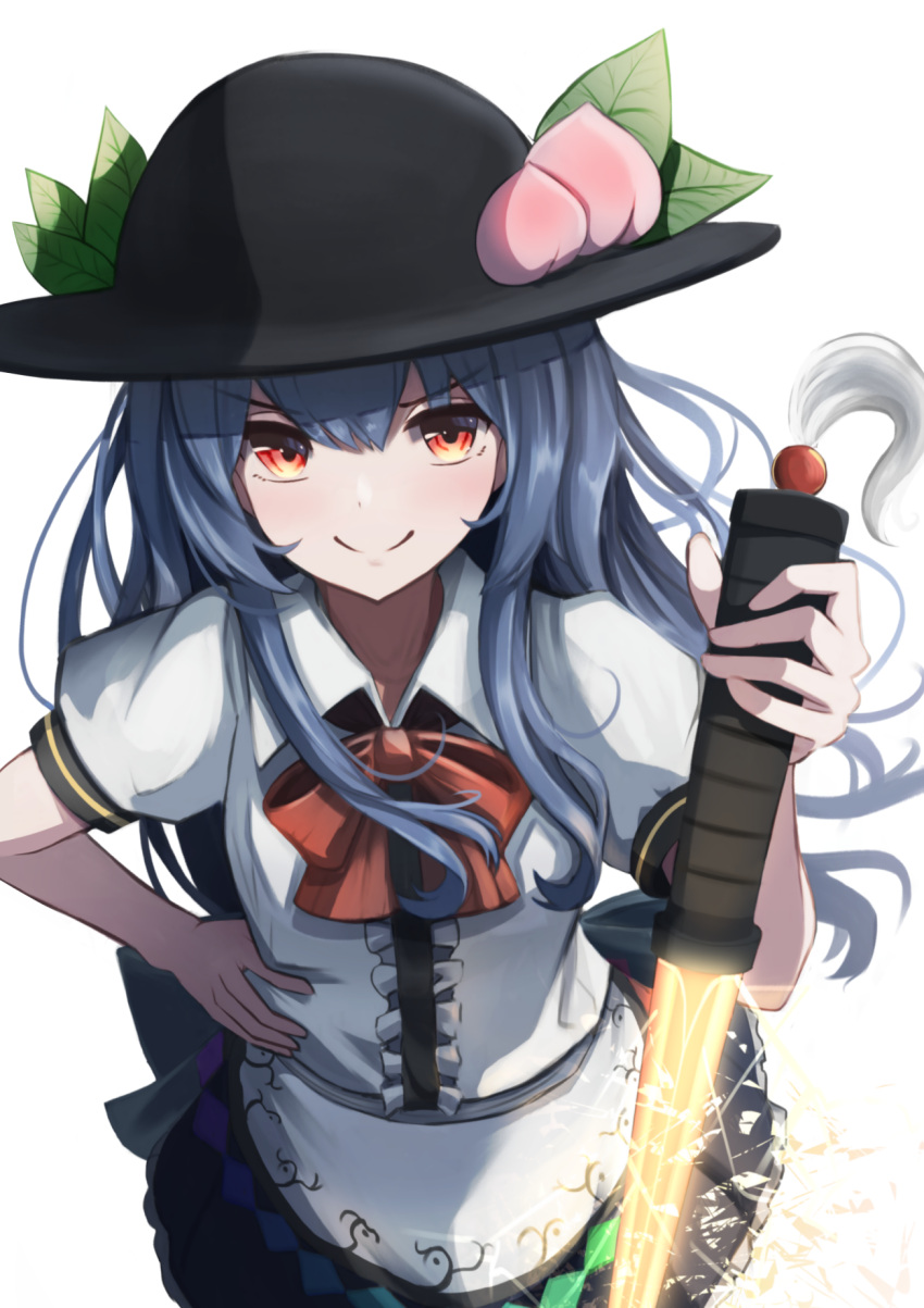 1girl blue_hair cowboy_shot floating_hair food from_above fruit hand_on_hip hat highres hinanawi_tenshi long_hair looking_at_viewer peach red_eyes simple_background smile solo sword_of_hisou totoraisu touhou v-shaped_eyebrows very_long_hair white_background