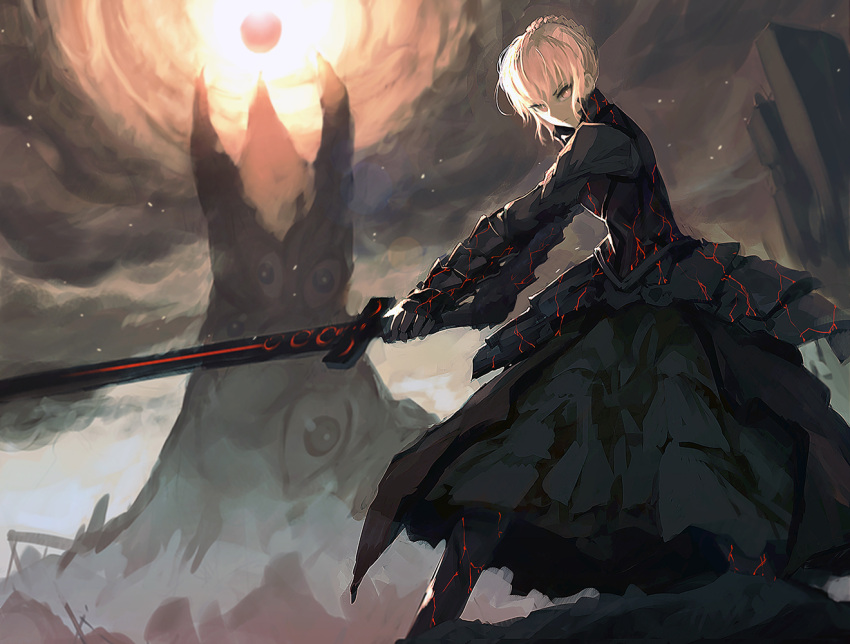 1girl absurdres artoria_pendragon_(all) black_footwear black_skirt blonde_hair breasts cleavage clouds cloudy_sky dark_excalibur excalibur_morgan_(fate) eyebrows_visible_through_hair fate/stay_night fate_(series) formal full_body high_heels highres long_skirt long_sleeves medium_breasts outdoors outstretched_arm saber_alter shrug_(clothing) sideboob skirt skirt_suit sky solo standing suit sword tied_hair weapon yellow_eyes zen_(pixiv1876273)