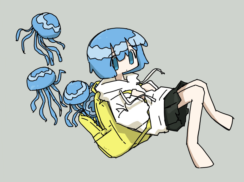 1girl absurdres backpack bag black_skirt blue_hair blunt_bangs bob_cut creature_and_personification floating grey_background hair_between_eyes highres hood hoodie jellyfish light_blue_hair miniskirt no_shoes original parted_bangs personification randoseru short_hair simple_background skirt solo tokiwa_(914) white_hoodie yellow_bag