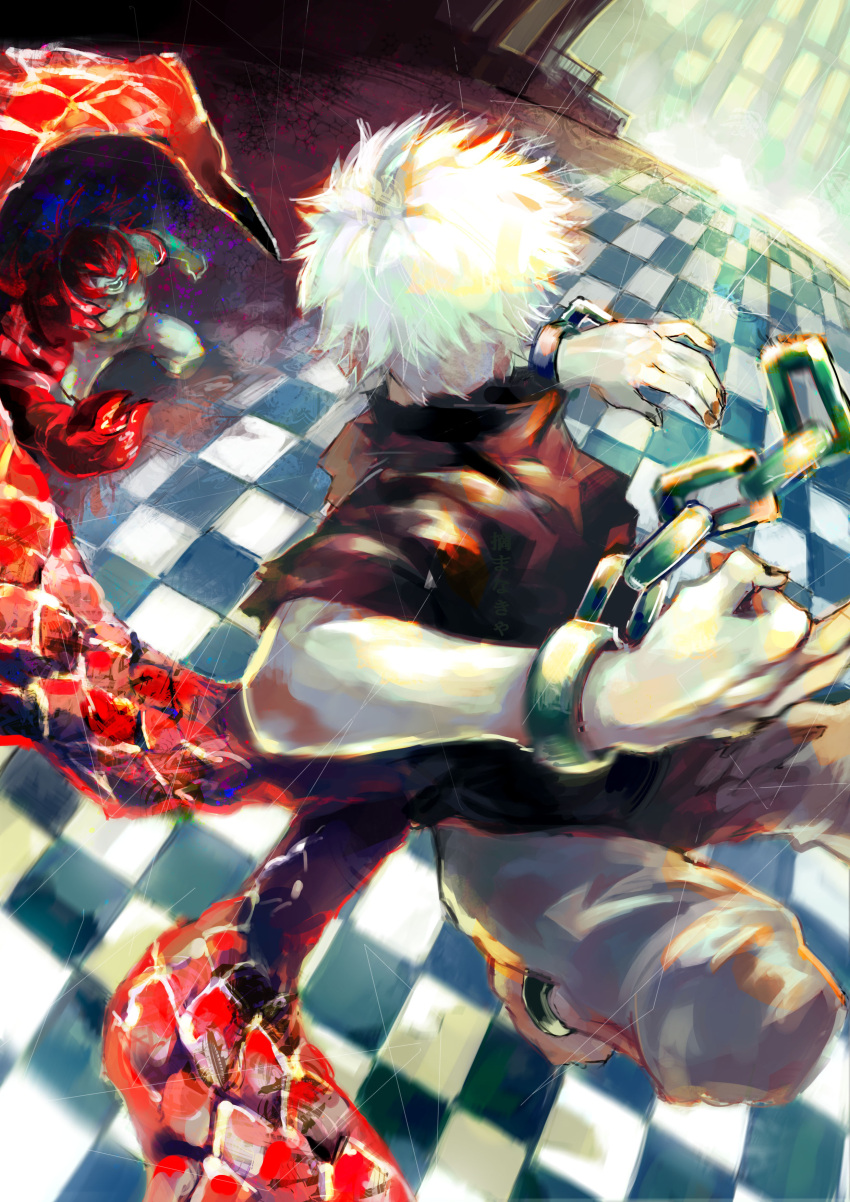 2boys absurdres bangs barefoot black_shirt chain checkered_floor commentary_request from_side grey_pants highres indoors kagune_(tokyo_ghoul) kaneki_ken kyuuba_melo looking_to_the_side looking_up multiple_boys muscular muscular_male omori_yakumo open_mouth pants shiny shiny_clothes shirt short_hair teeth tokyo_ghoul torn_clothes torn_shirt