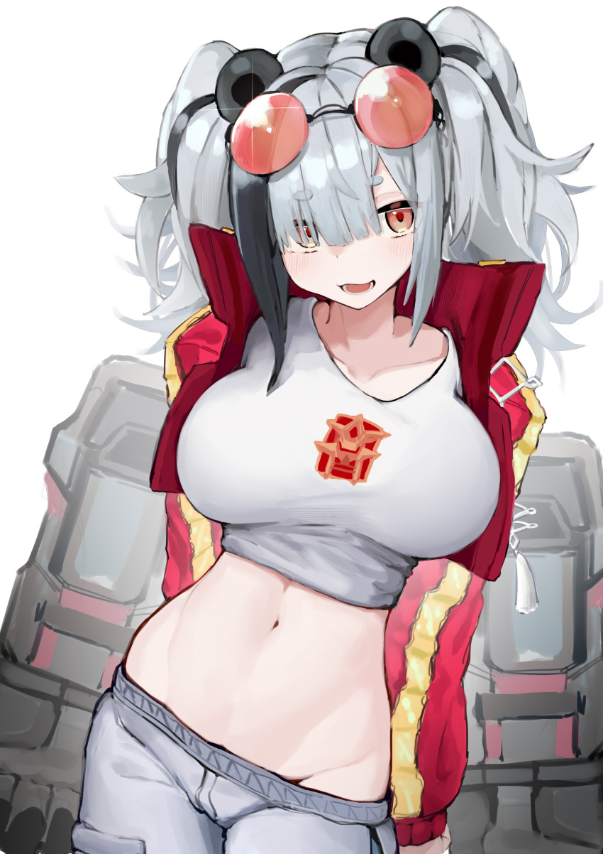 1girl absurdres animal_ears arknights bangs black_hair breasts chinese_commentary commentary_request cowboy_shot crop_top dodo_(yatotoyatoto) feater_(arknights) feater_(gourmet)_(arknights) groin high_collar highres jacket large_breasts long_hair looking_at_viewer midriff navel open_clothes open_jacket open_mouth panda_ears pants red_jacket shirt silver_hair solo standing stomach t-shirt twintails white_background white_pants white_shirt
