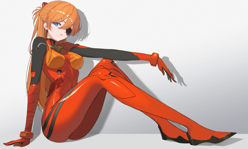 1girl bangs blue_eyes breasts closed_mouth eyepatch full_body grey_background hair_between_eyes hair_ornament highres legs looking_at_viewer medium_breasts neon_genesis_evangelion orange_hair plugsuit rikui_(rella2930) shadow sitting skin_tight solo souryuu_asuka_langley thighs two_side_up