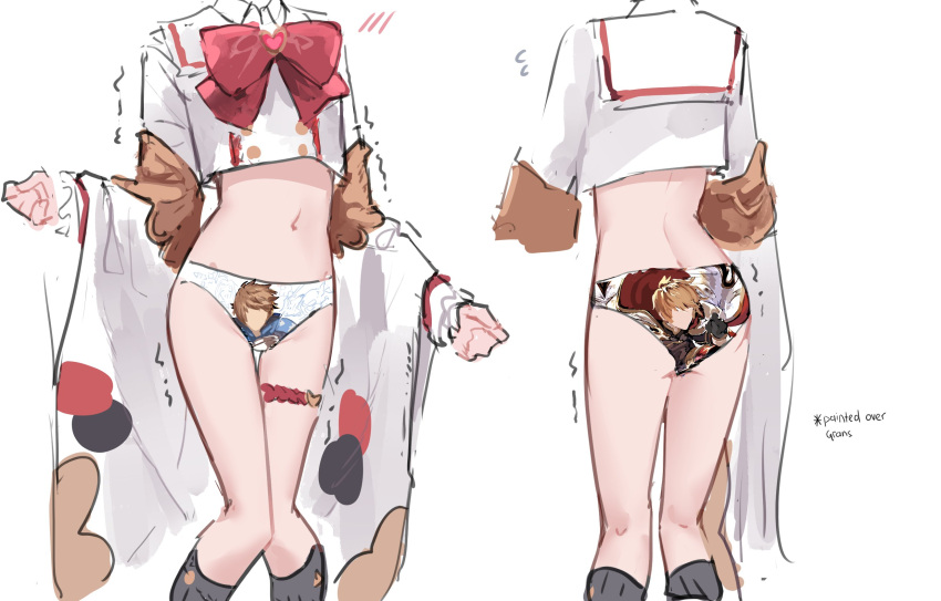 1girl black_legwear blush bow bowtie collared_shirt crop_top english_text feet_out_of_frame flying_sweatdrops gran_(granblue_fantasy) granblue_fantasy groin head_out_of_frame highres kneehighs long_sleeves lyrinne navel panties parody red_bow red_bowtie shirt solo symbol-only_commentary thigh_strap trembling underwear vikala_(granblue_fantasy) white_shirt yanfei