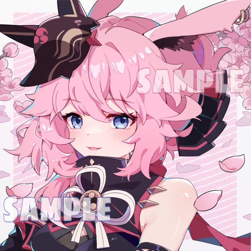 1girl :d animal_ears armor bangs bare_shoulders cherry_blossoms closed_mouth evilcat9 fox_ears fox_mask hair_between_eyes hair_ornament highres honkai_(series) honkai_impact_3rd japanese_armor looking_at_viewer mask ninja open_mouth petals pink_hair sample smile solo violet_eyes yae_kasumi yae_sakura yae_sakura_(darkbolt_jonin)