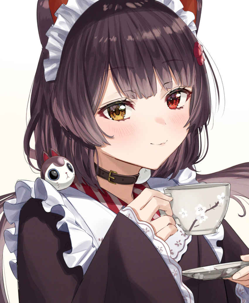 1girl absurdres animal_ears apron belt_collar blush brown_hair brown_kimono closed_mouth collar cup eyebrows_visible_through_hair heterochromia highres holding holding_cup inui_toko japanese_clothes kimono long_sleeves looking_at_viewer low_twintails maid_headdress nijisanji red_eyes simple_background smile smug solo taiga_(ryukyu-6102-8) teacup tray twintails wa_maid white_apron white_background yellow_eyes