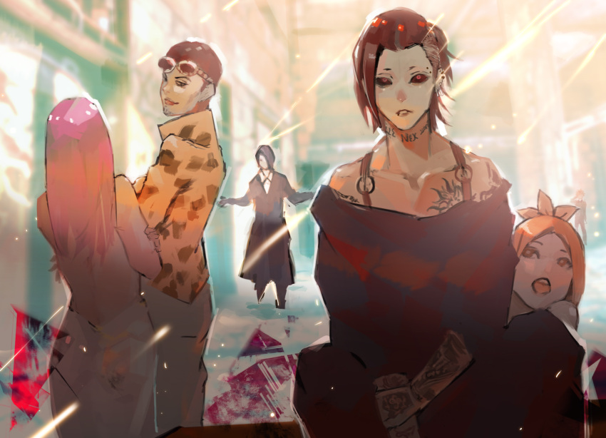 2girls 3boys animal_print arm_tattoo bangs bare_arms bare_shoulders black_hair black_jacket black_sclera black_shirt chest_tattoo collarbone colored_sclera dress ear_piercing earrings eyewear_on_head facial_hair formal furuta_nimura goatee grey_dress highres hoito_roma itori_(tokyo_ghoul) jacket jewelry kyuuba_melo looking_at_viewer mouth_piercing multiple_boys multiple_girls neck_tattoo nico_(tokyo_ghoul) off-shoulder_shirt off_shoulder open_mouth orange_shirt pants parted_bangs piercing red_eyes shirt short_hair shoulder_tattoo smile tattoo teeth tiger_print tokyo_ghoul tokyo_ghoul:re upper_teeth uta_(tokyo_ghoul)